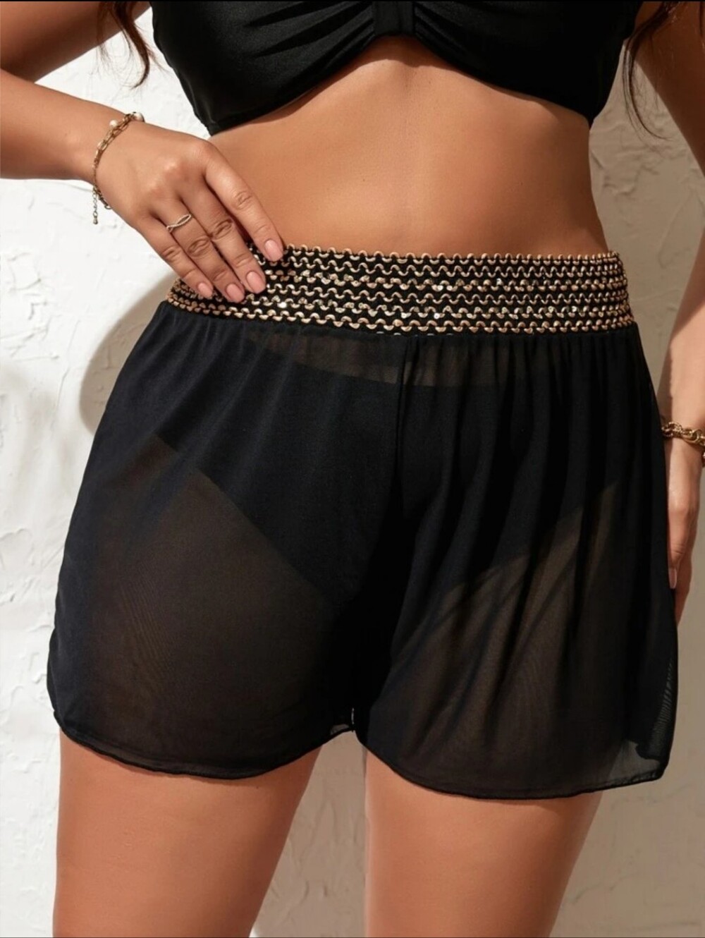 Size 2XL Sheer Resort Shorts with Gold-Trim Waistband